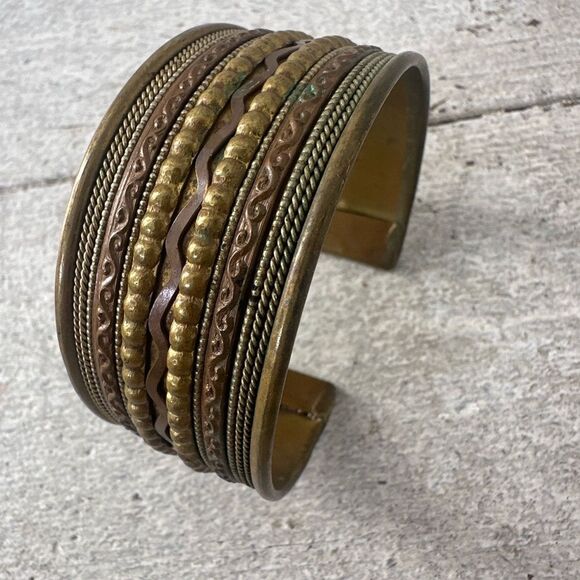 Vintage 70s Mix Metal Modernist Cuff Bracelet - Picture 1 of 8